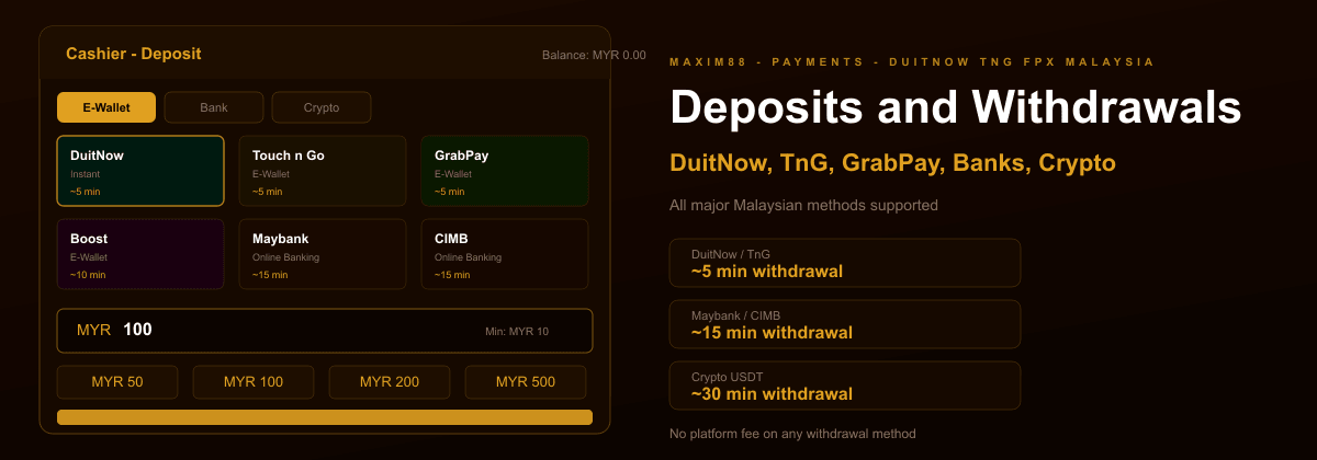 Maxim88 cashier Malaysia - DuitNow FPX TnG GrabPay deposit screen